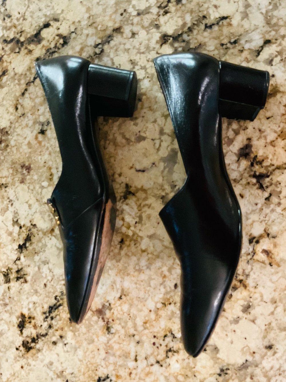 Bruno Magli Black Leather Pointed-Toe Pumps with Gold Buttons - Picture 3 of 5